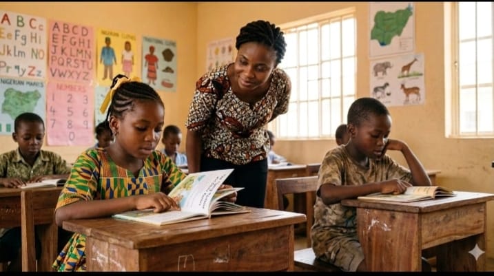 A teacher reading with a group of students